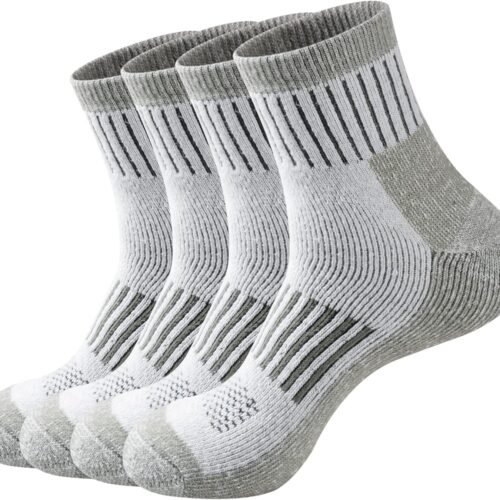 Men's Merino Wool Cushioned Hiking Trekking Socks 4 Pairs, Quarter Length with Moisture Wicking