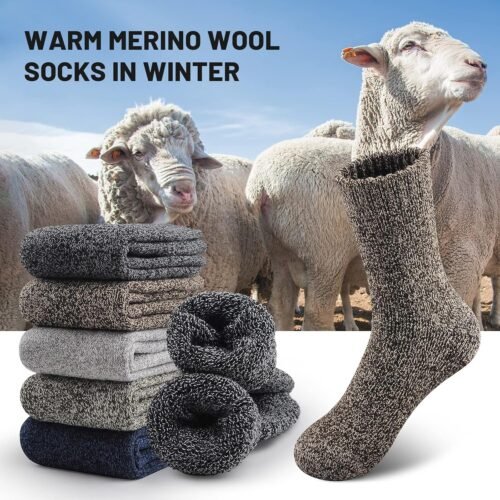 5 Pairs Merino Wool Socks for Men, Thick Winter Wool Hiking Socks, Warm Breathable Crew Mens Socks - Image 2